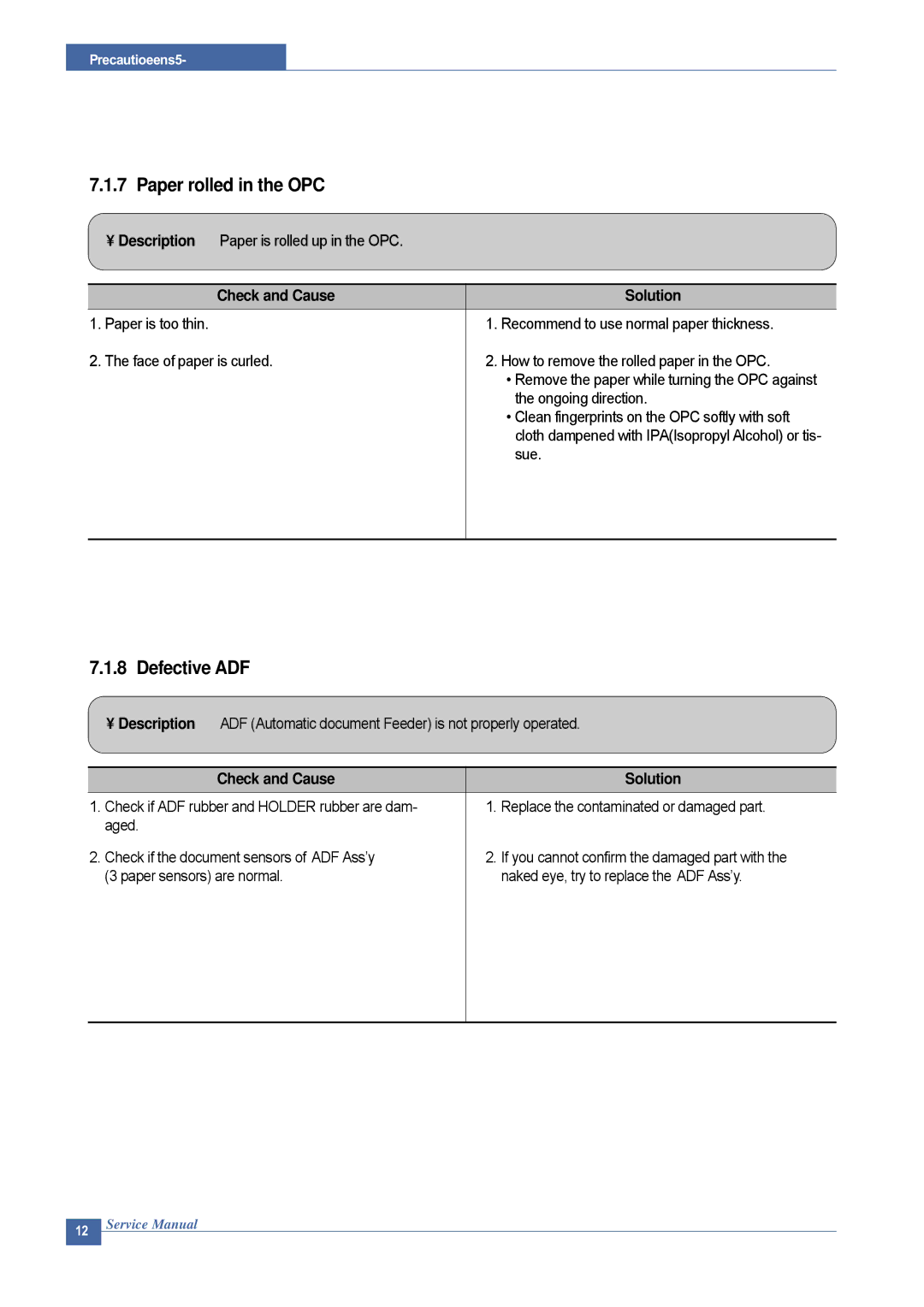 Dell 1815DN service manual Paper rolled in the OPC, Defective ADF 