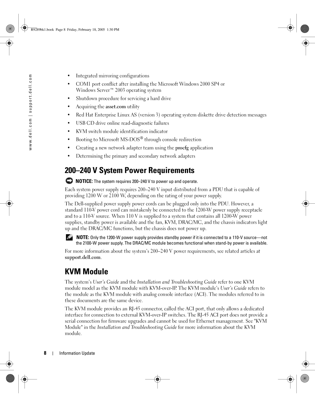 Dell 1855 manual System Power Requirements, KVM Module 