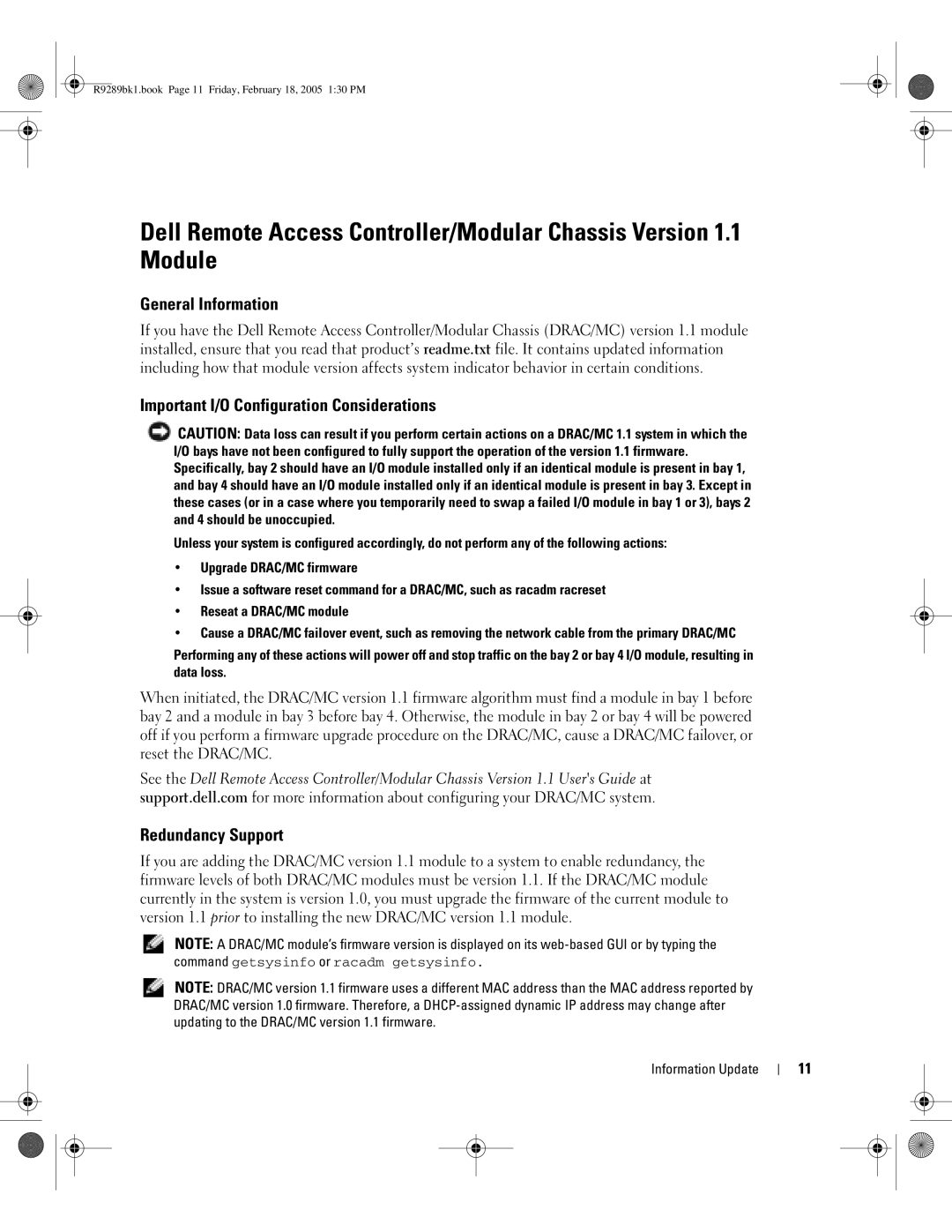 Dell 1855 manual General Information, Important I/O Configuration Considerations, Redundancy Support 