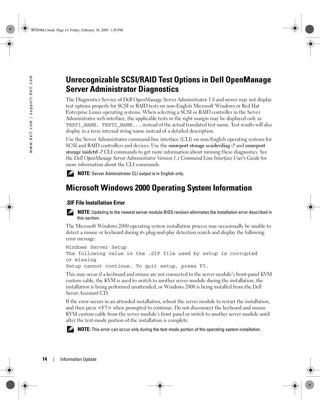 Dell 1855 manual Microsoft Windows 2000 Operating System Information, SIF File Installation Error 