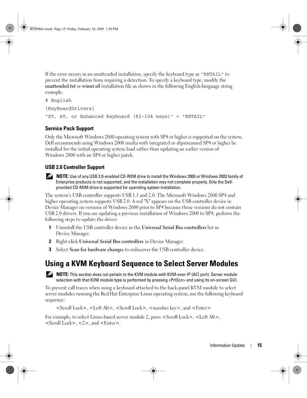 Dell 1855 manual Using a KVM Keyboard Sequence to Select Server Modules, Service Pack Support, USB 2.0 Controller Support 