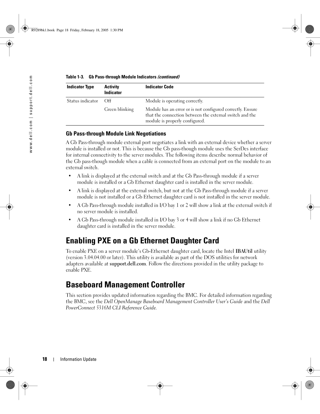 Dell 1855 manual Enabling PXE on a Gb Ethernet Daughter Card, Baseboard Management Controller 