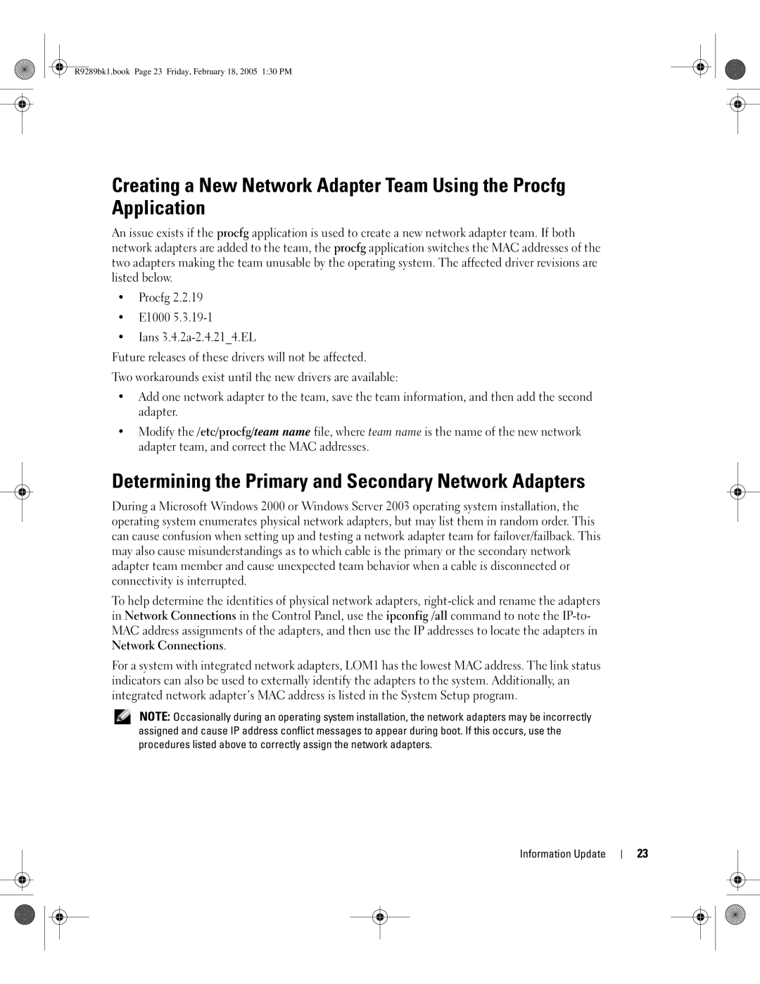 Dell 1855 manual Determining the Primary and Secondary Network Adapters 