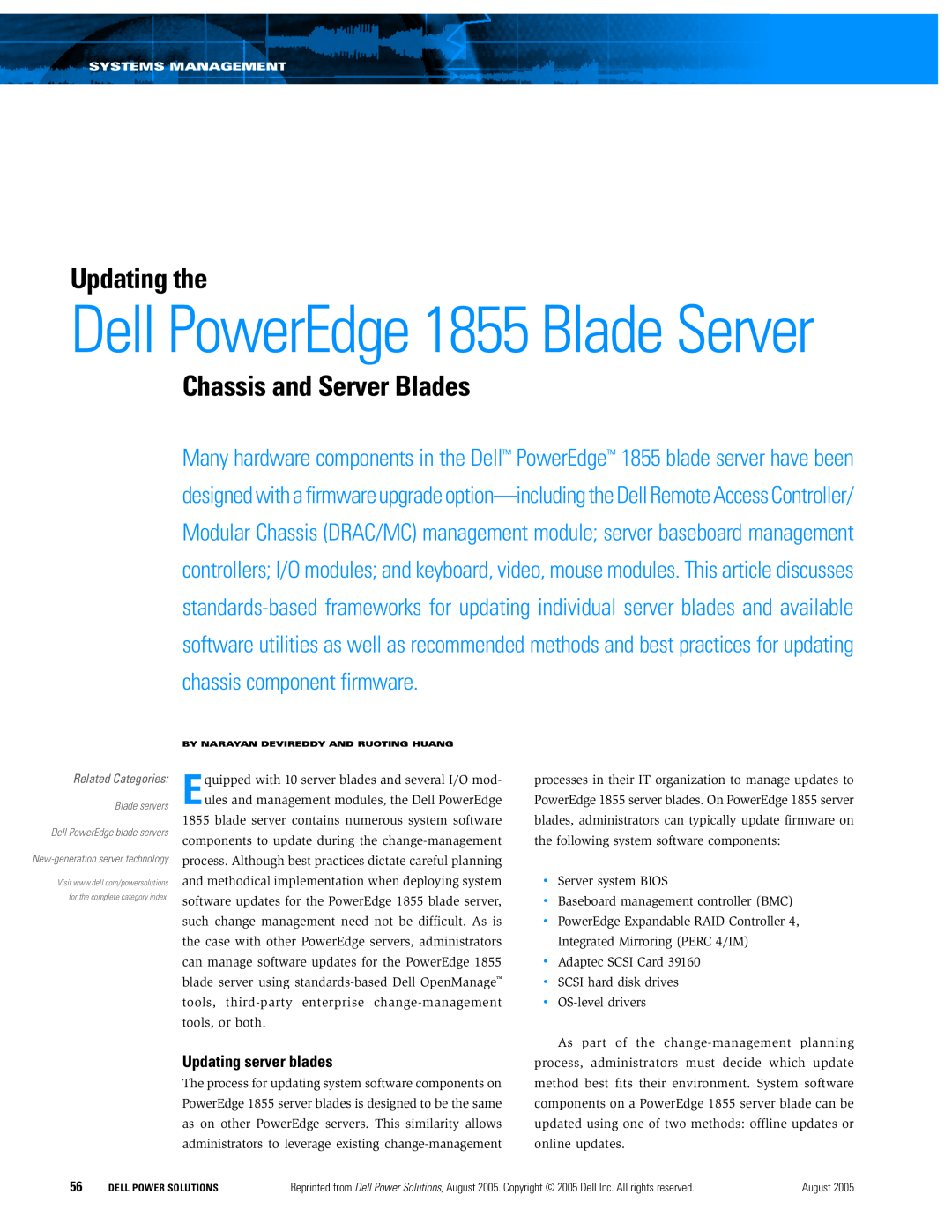 Dell manual Updating server blades, Dell PowerEdge 1855 Blade Server, Updating the, Chassis and Server Blades 