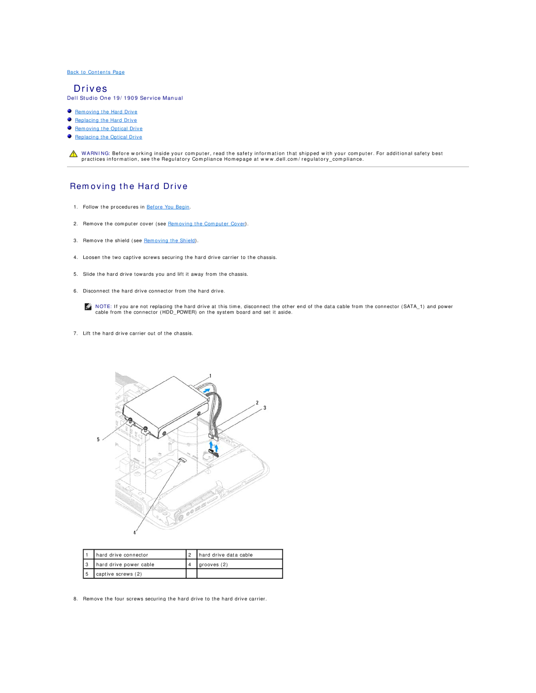 Dell 19/1909 service manual Drives, Removing the Hard Drive 