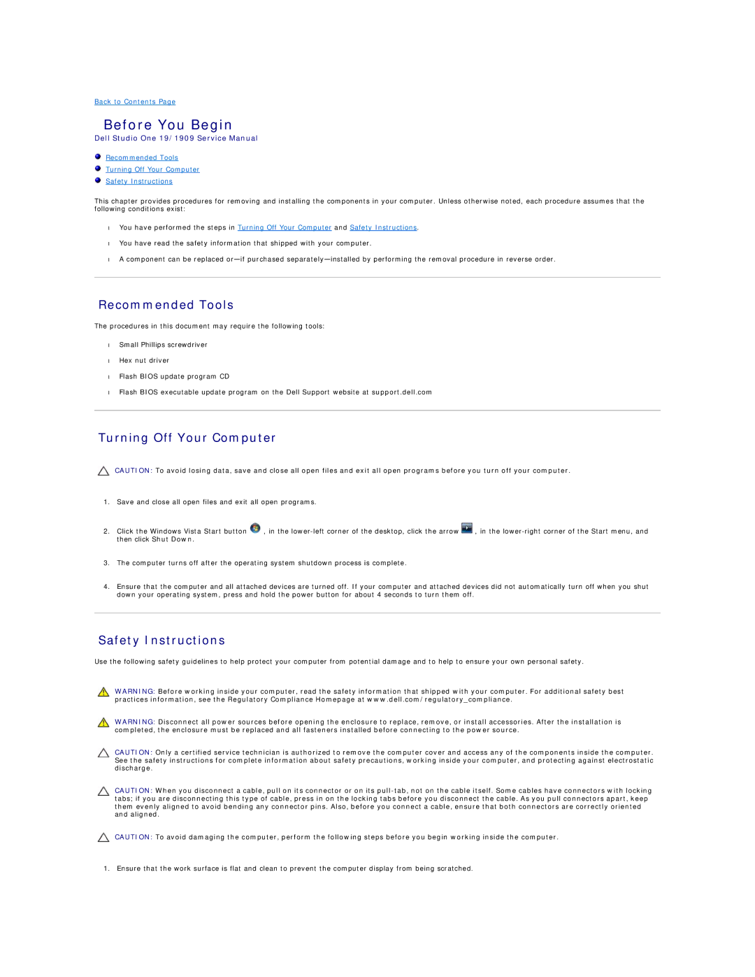 Dell 19/1909 service manual Before You Begin, Recommended Tools, Turning Off Your Computer, Safety Instructions 