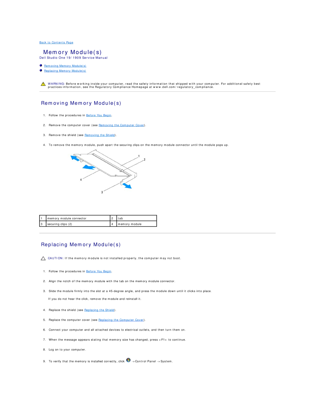 Dell 19/1909 service manual Removing Memory Modules, Replacing Memory Modules 