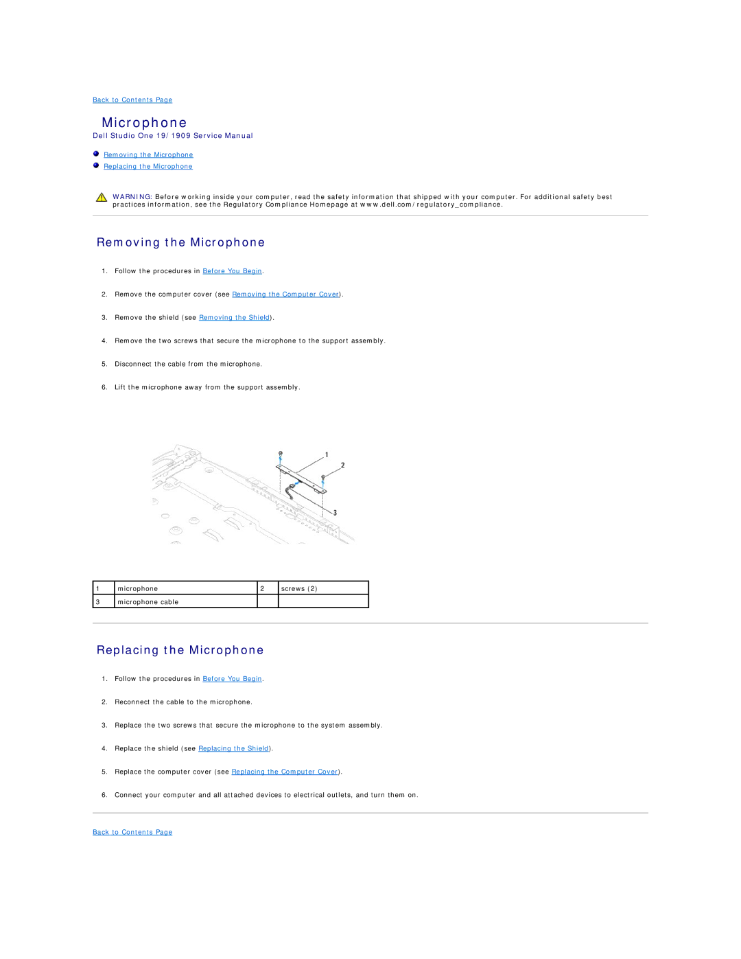 Dell 19/1909 service manual Removing the Microphone, Replacing the Microphone 