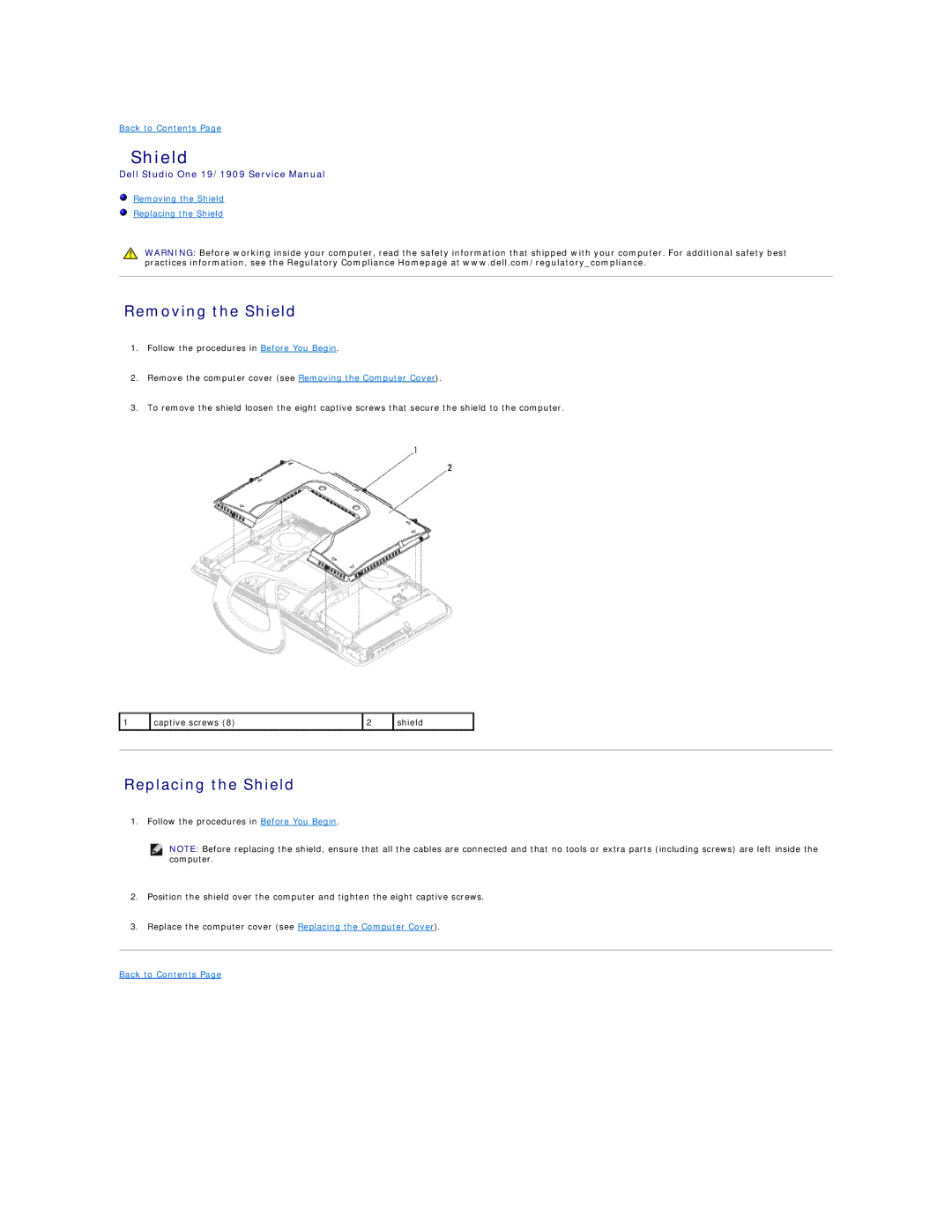 Dell 19/1909 service manual Removing the Shield, Replacing the Shield 