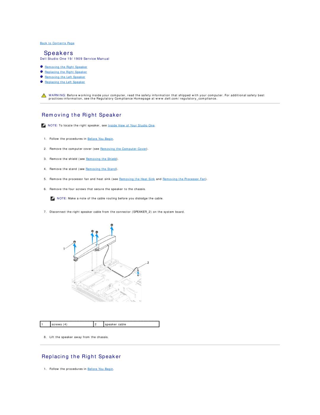 Dell 19/1909 service manual Speakers, Removing the Right Speaker, Replacing the Right Speaker 