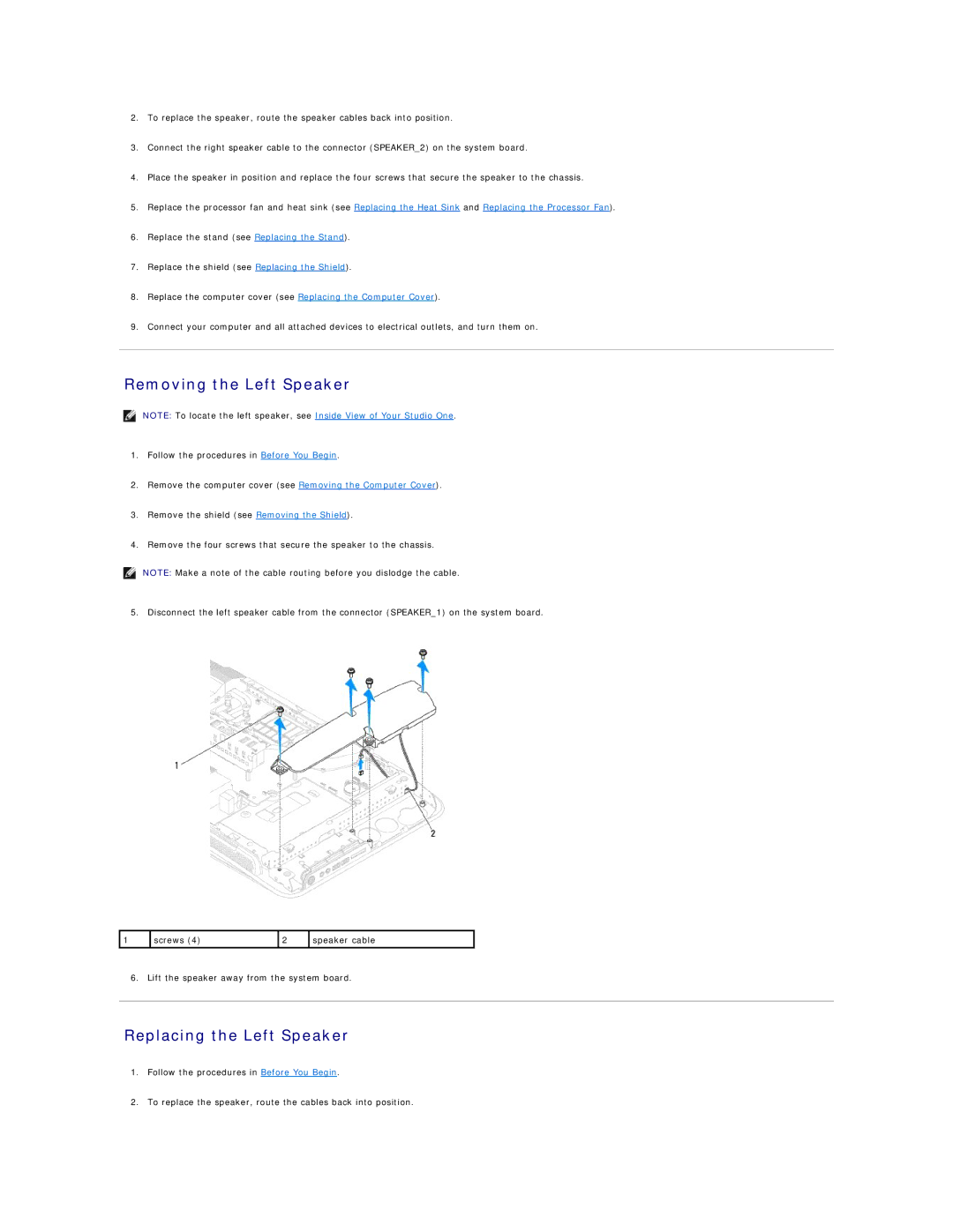 Dell 19/1909 service manual Removing the Left Speaker, Replacing the Left Speaker 