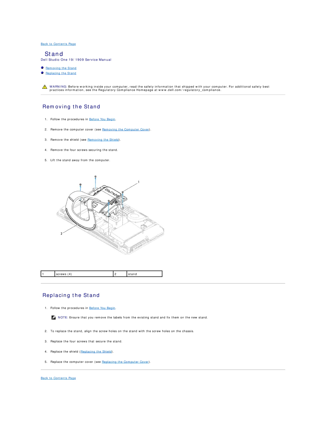 Dell 19/1909 service manual Removing the Stand, Replacing the Stand 