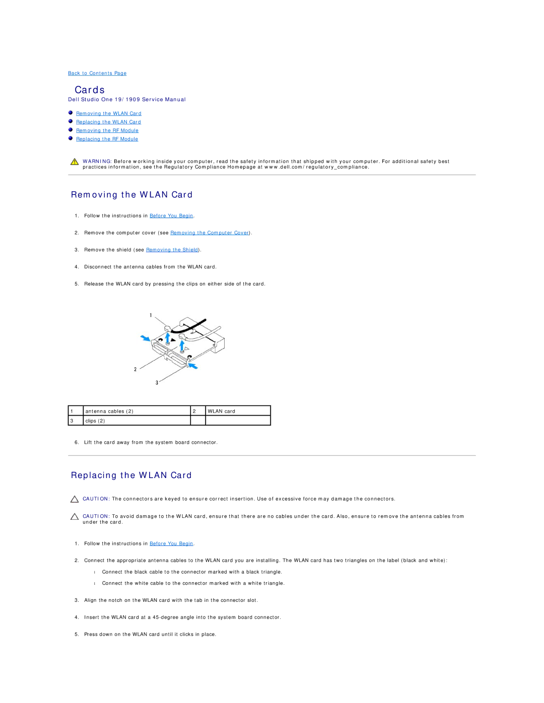 Dell 19/1909 service manual Cards, Removing the Wlan Card, Replacing the Wlan Card 