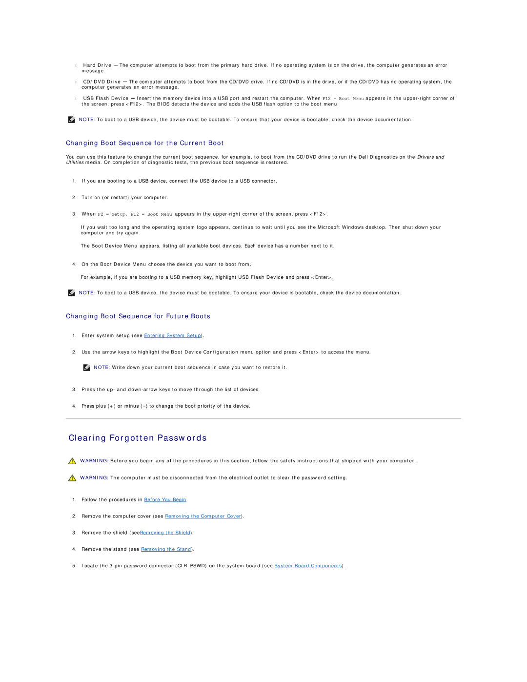 Dell 19/1909 service manual Clearing Forgotten Passwords, Changing Boot Sequence for the Current Boot 