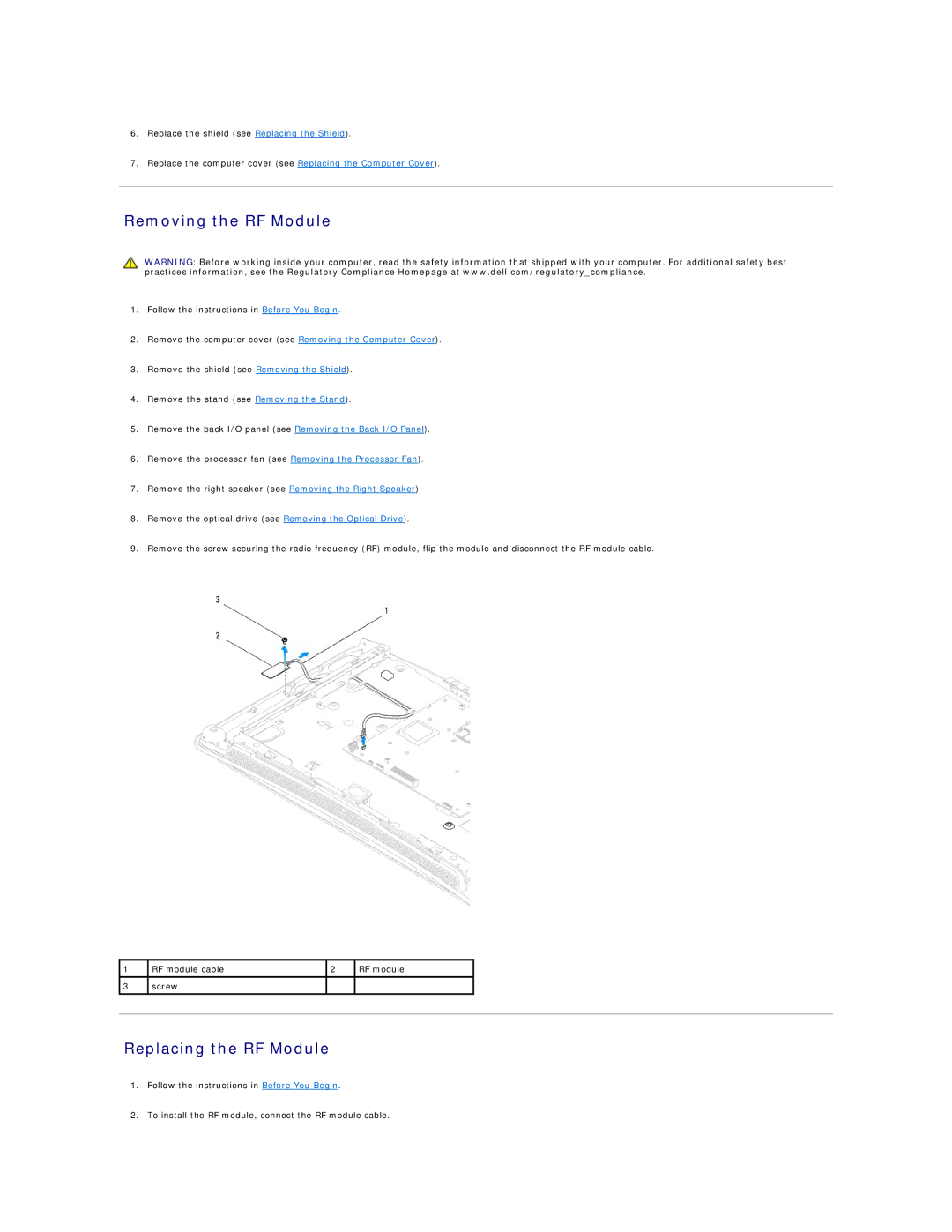 Dell 19/1909 service manual Removing the RF Module, Replacing the RF Module 