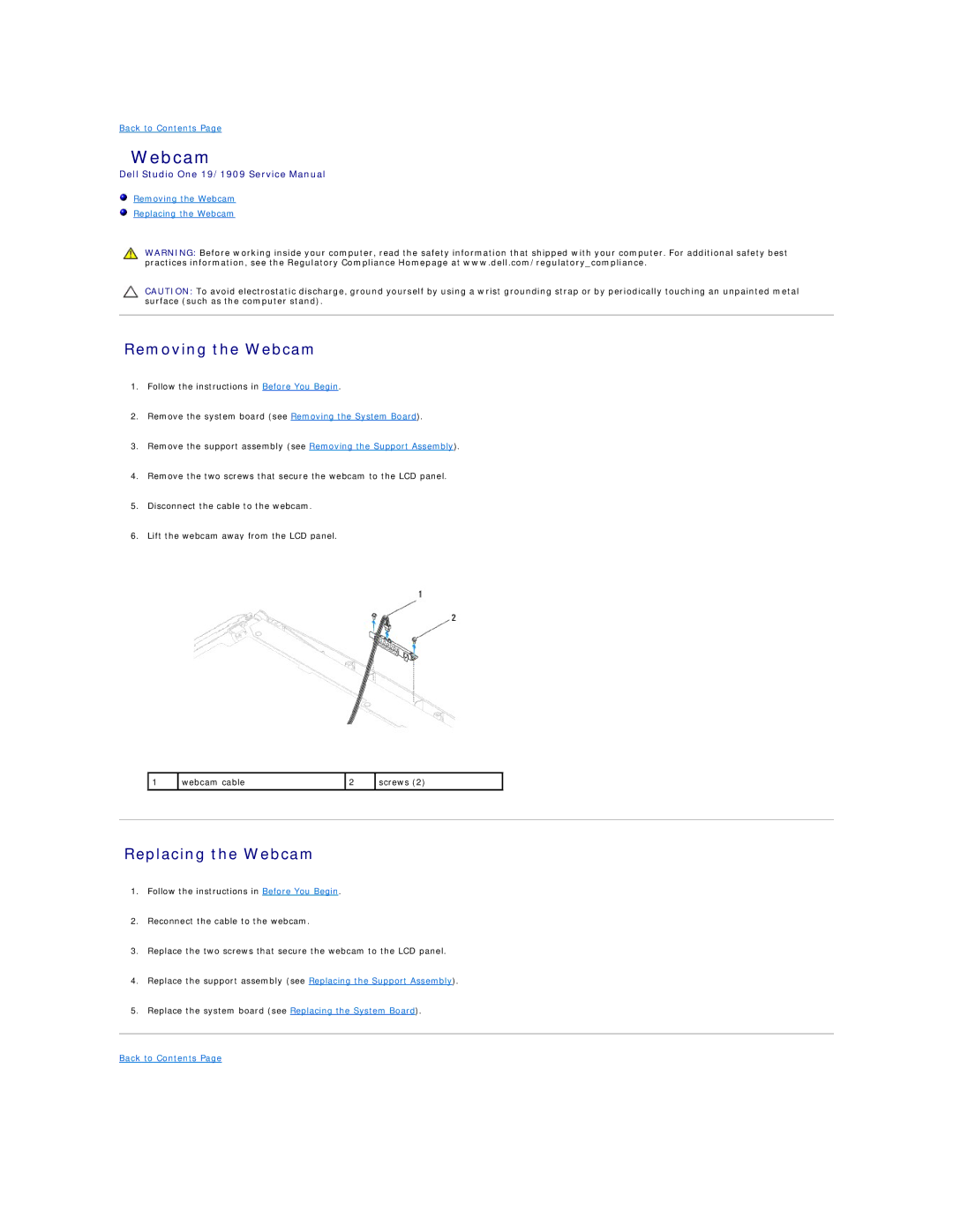 Dell 19/1909 service manual Removing the Webcam, Replacing the Webcam 