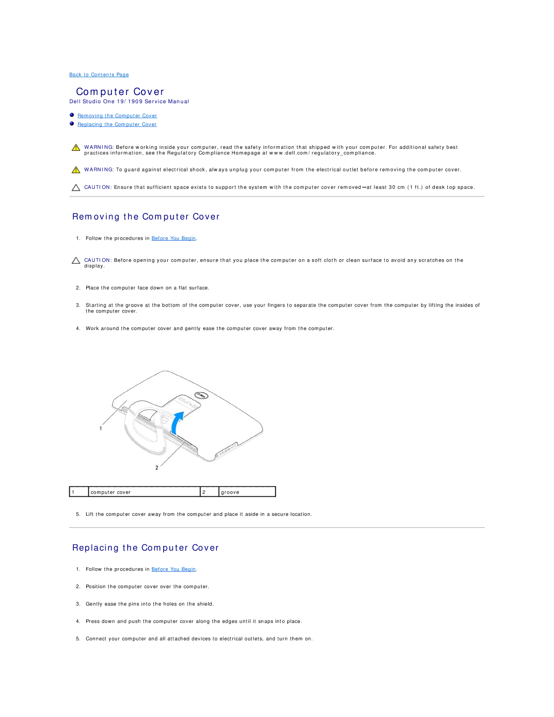 Dell 19/1909 service manual Removing the Computer Cover, Replacing the Computer Cover 