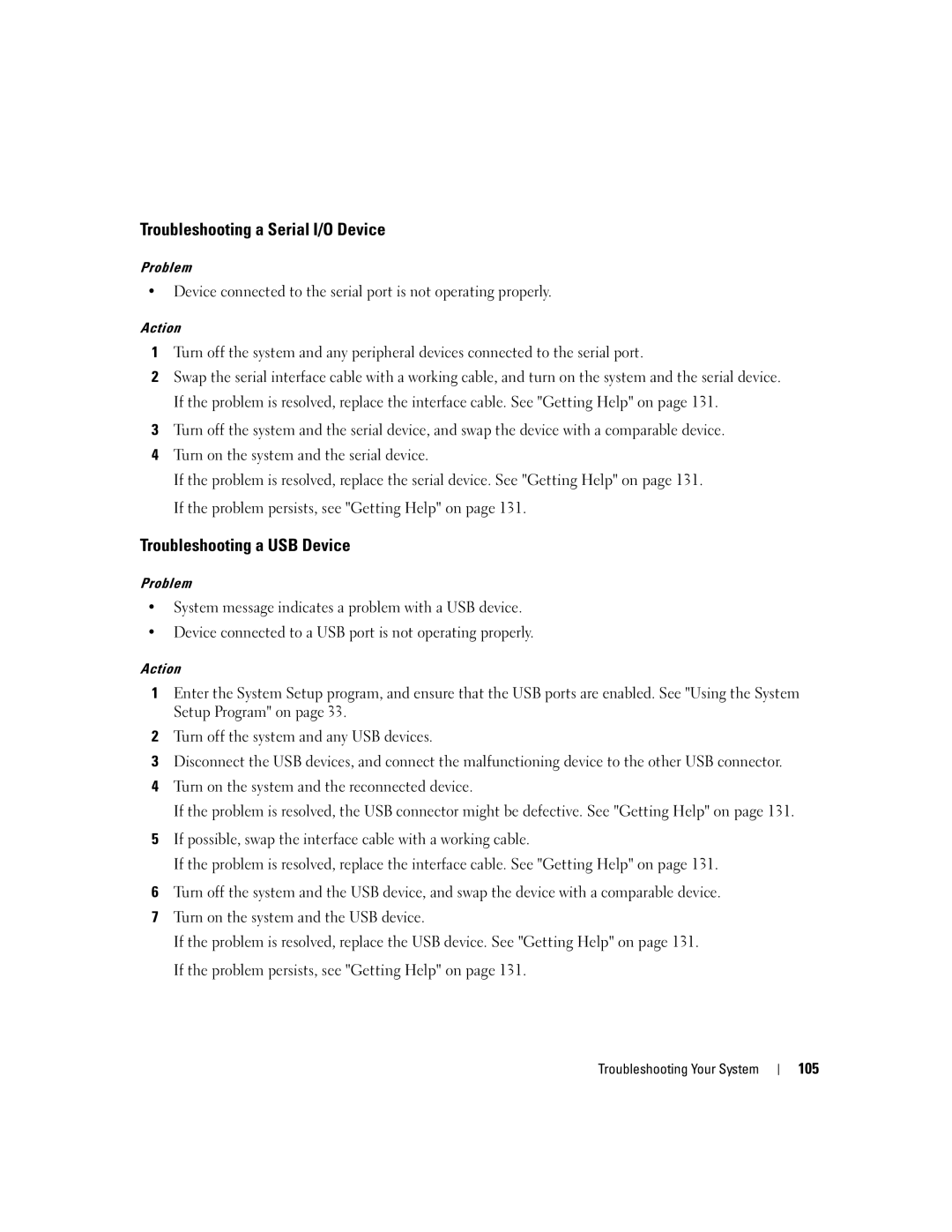 Dell 1900 owner manual Troubleshooting a Serial I/O Device, Troubleshooting a USB Device, 105 