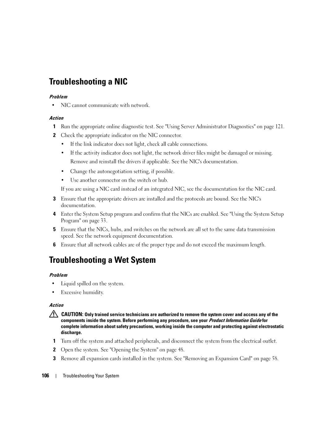 Dell 1900 owner manual Troubleshooting a NIC, Troubleshooting a Wet System, NIC cannot communicate with network 