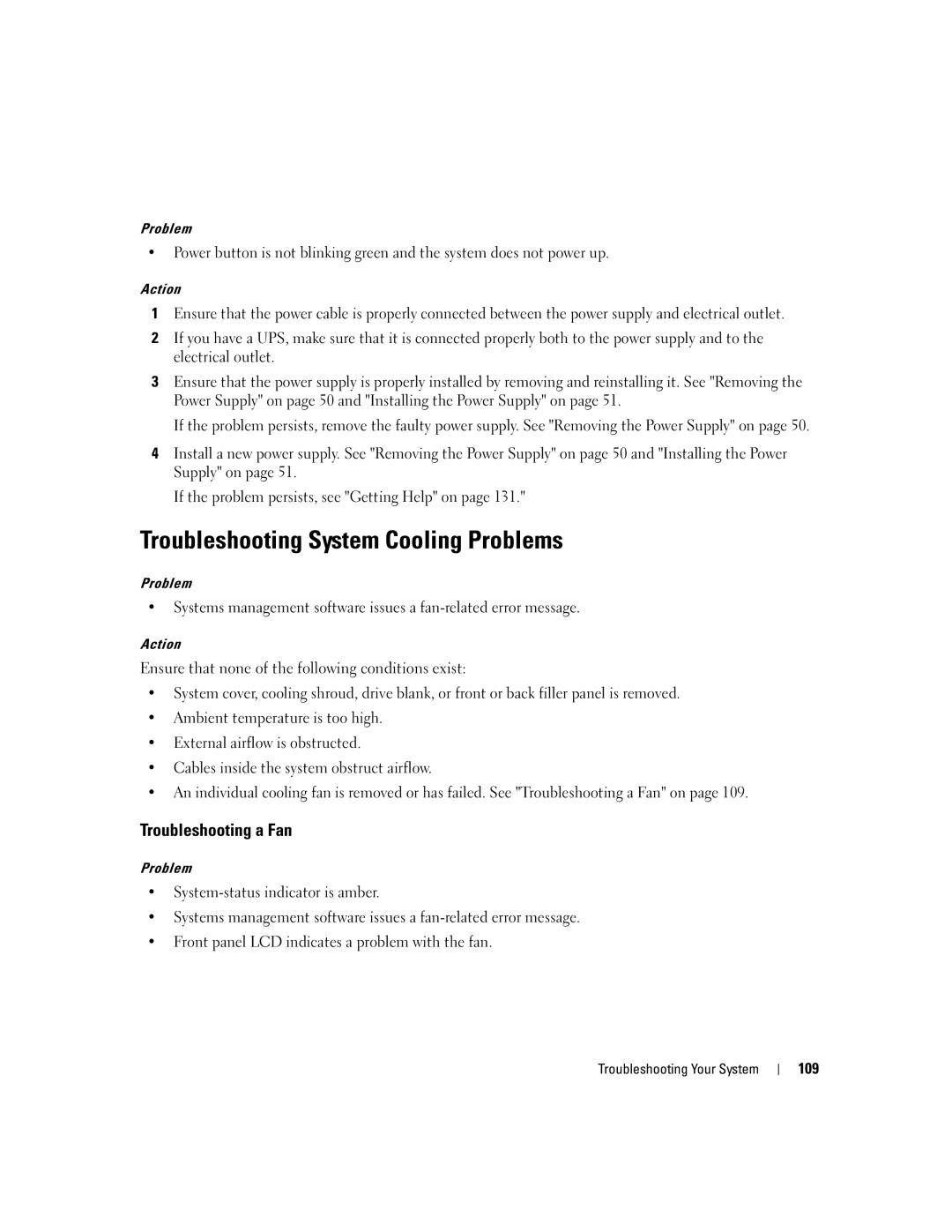 Dell 1900 owner manual Troubleshooting System Cooling Problems, Troubleshooting a Fan, 109 