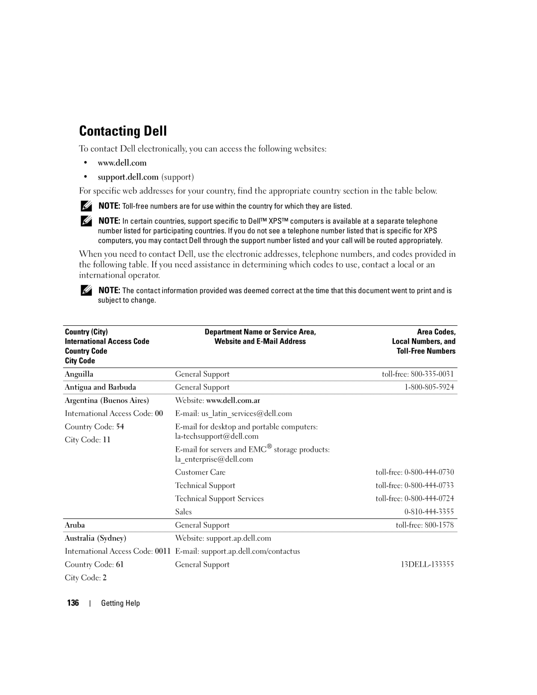 Dell 1900 owner manual Contacting Dell, 136 