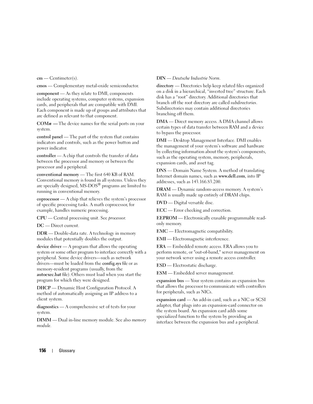 Dell 1900 owner manual 156, Cm Centimeters Cmos Complementary metal-oxide semiconductor 