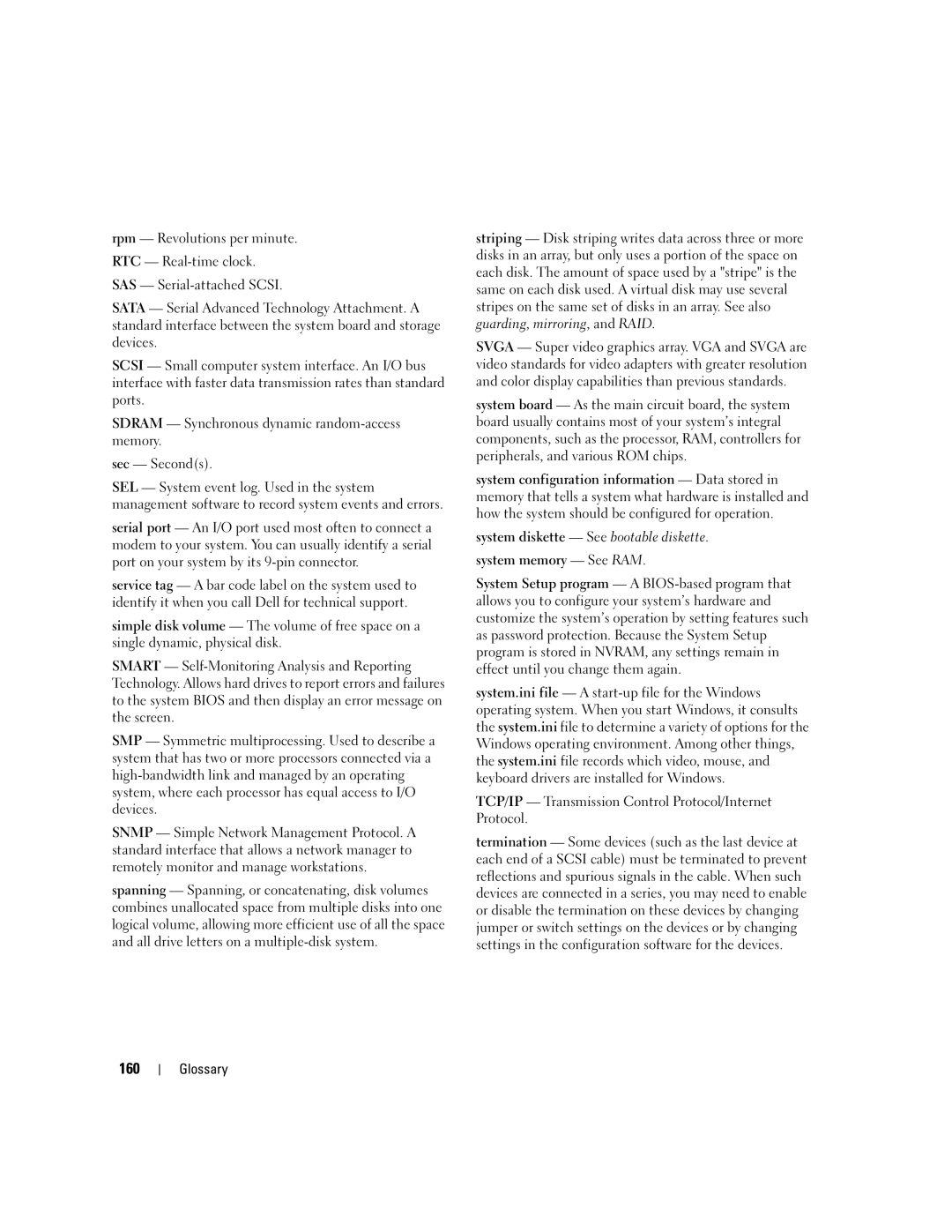 Dell 1900 owner manual 160, System diskette See bootable diskette, TCP/IP Transmission Control Protocol/Internet Protocol 