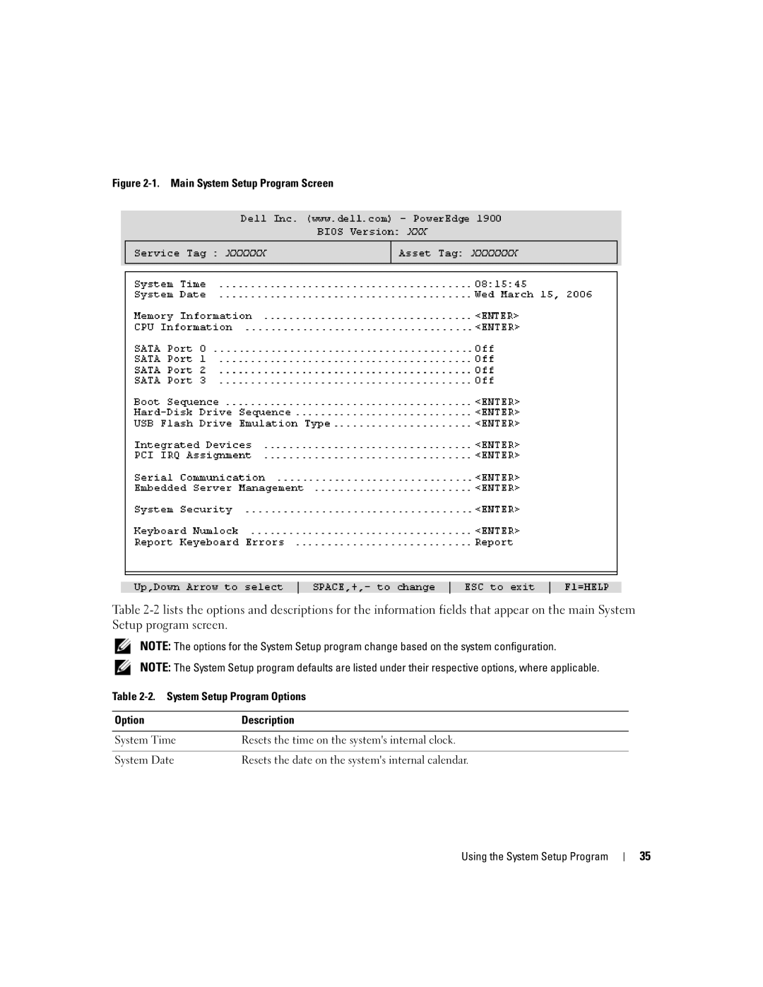 Dell 1900 owner manual Main System Setup Program Screen 