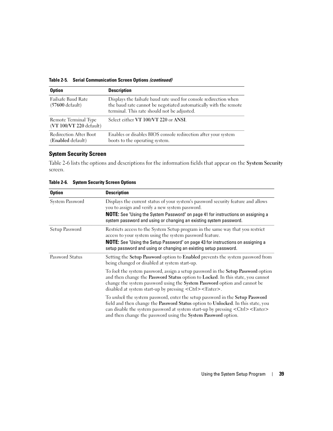 Dell 1900 owner manual System Security Screen 