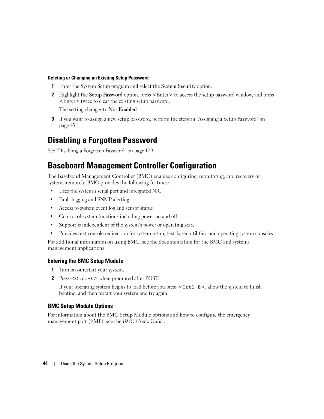 Dell 1900 Disabling a Forgotten Password, Baseboard Management Controller Configuration, Entering the BMC Setup Module 