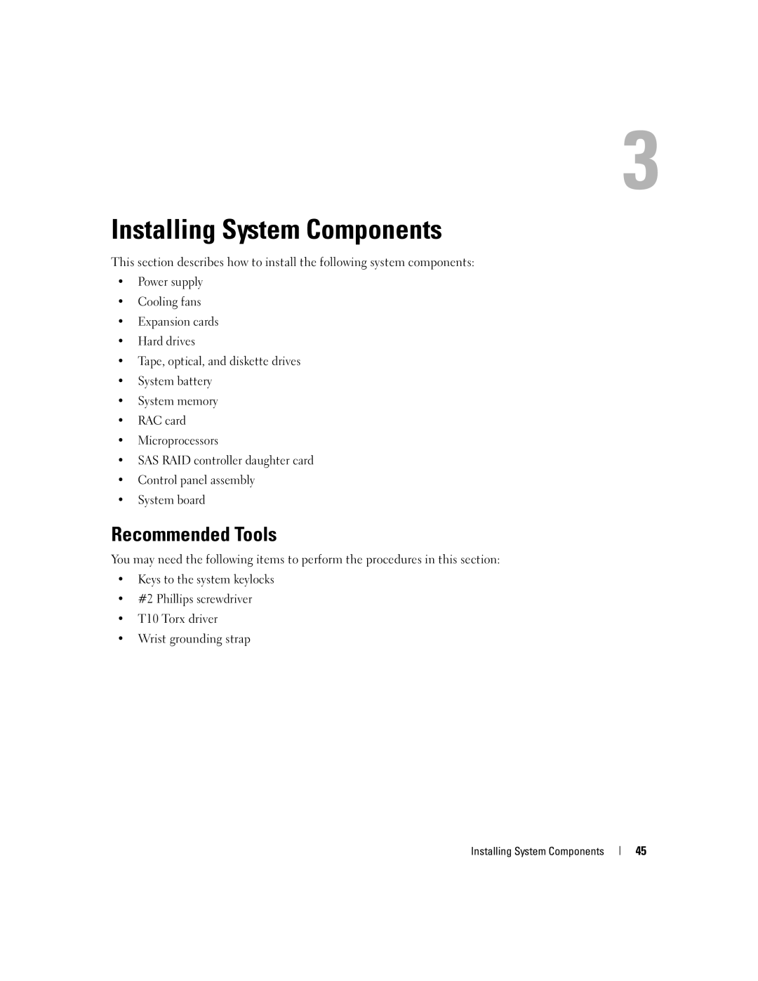 Dell 1900 owner manual Recommended Tools, Installing System Components 