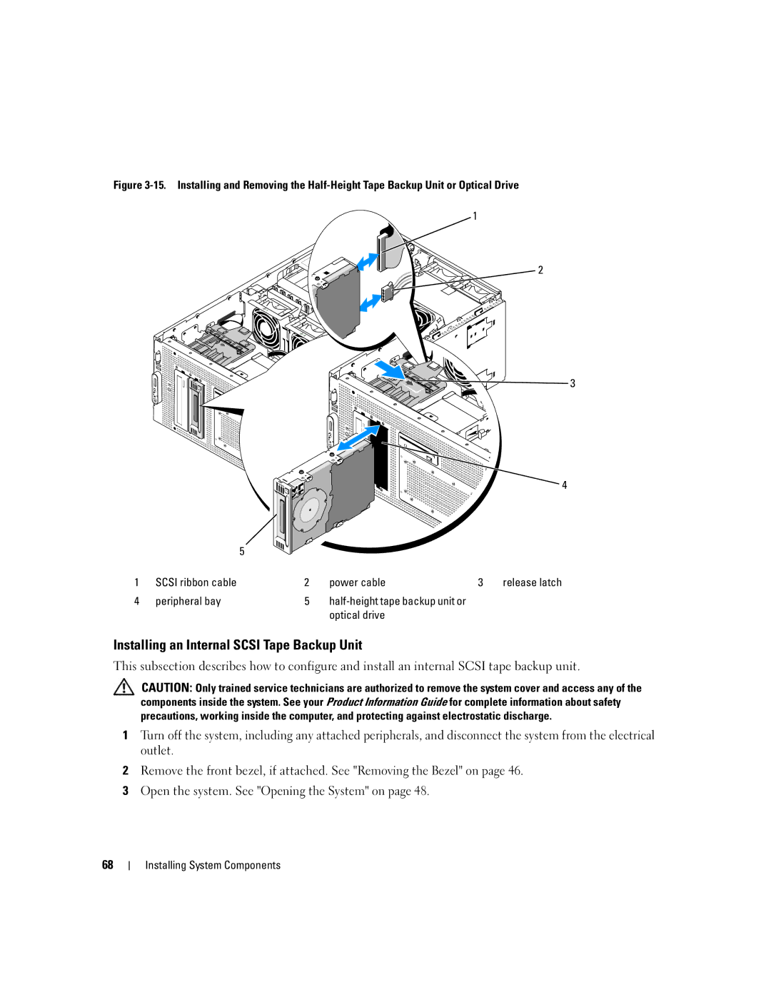 Dell 1900 owner manual Installing an Internal Scsi Tape Backup Unit, Power cable, Peripheral bay 