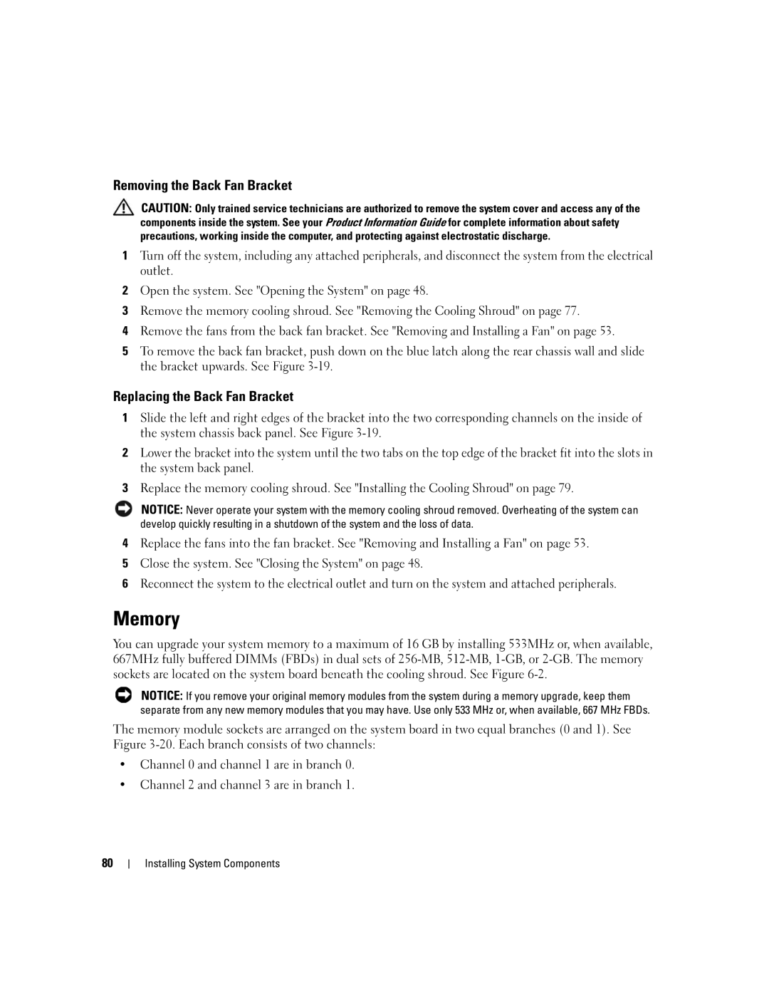 Dell 1900 owner manual Memory, Removing the Back Fan Bracket, Replacing the Back Fan Bracket 