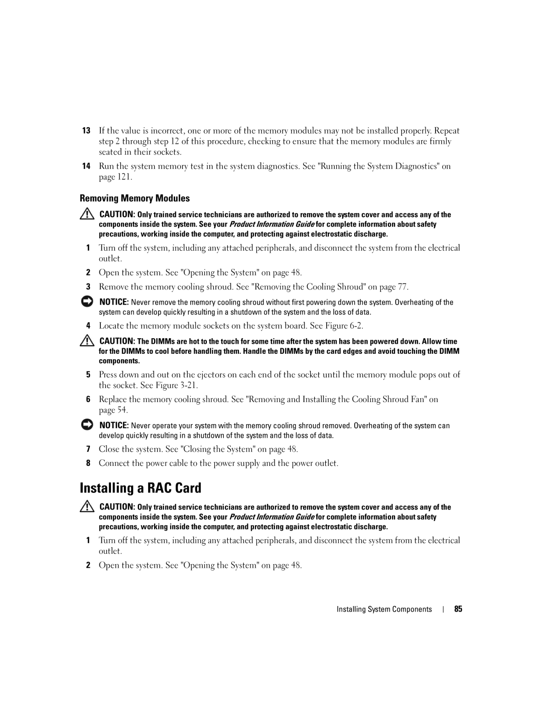 Dell 1900 owner manual Installing a RAC Card, Removing Memory Modules 