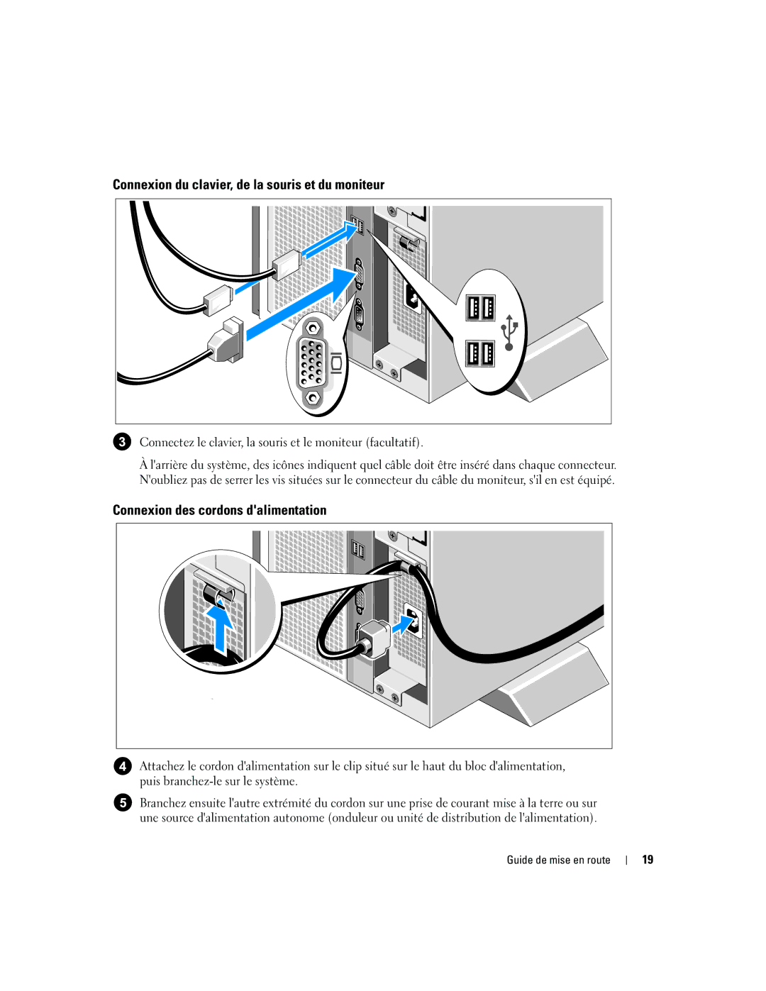 Dell 1900 manual Connexion du clavier, de la souris et du moniteur, Connexion des cordons dalimentation 