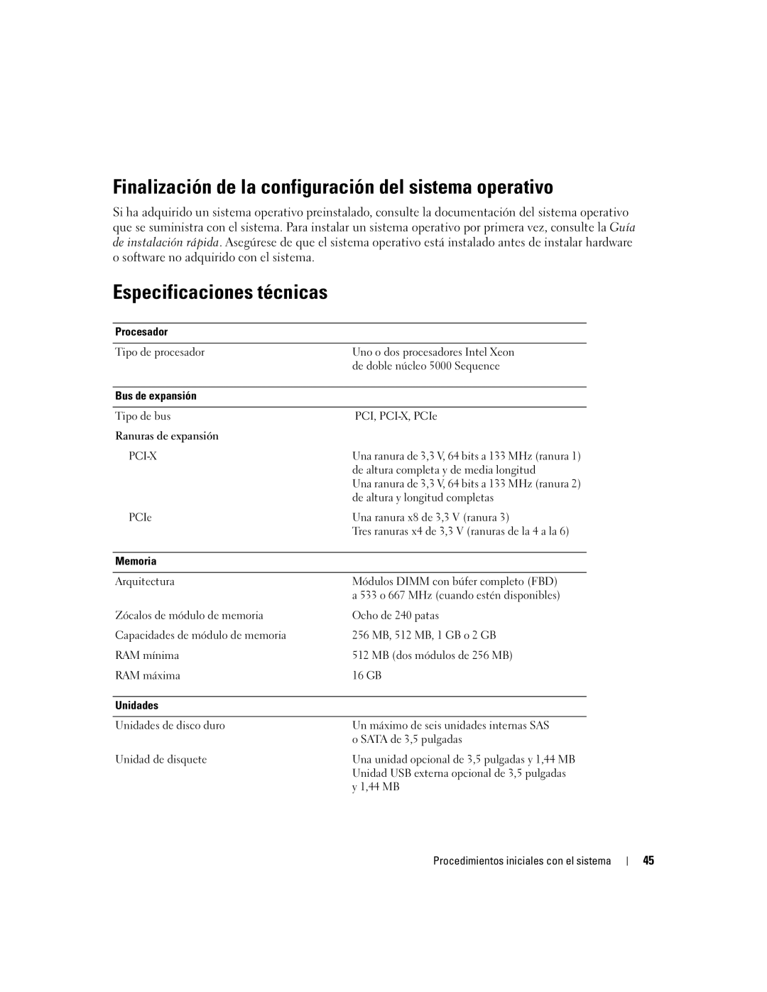 Dell 1900 manual Finalización de la configuración del sistema operativo, Especificaciones técnicas 