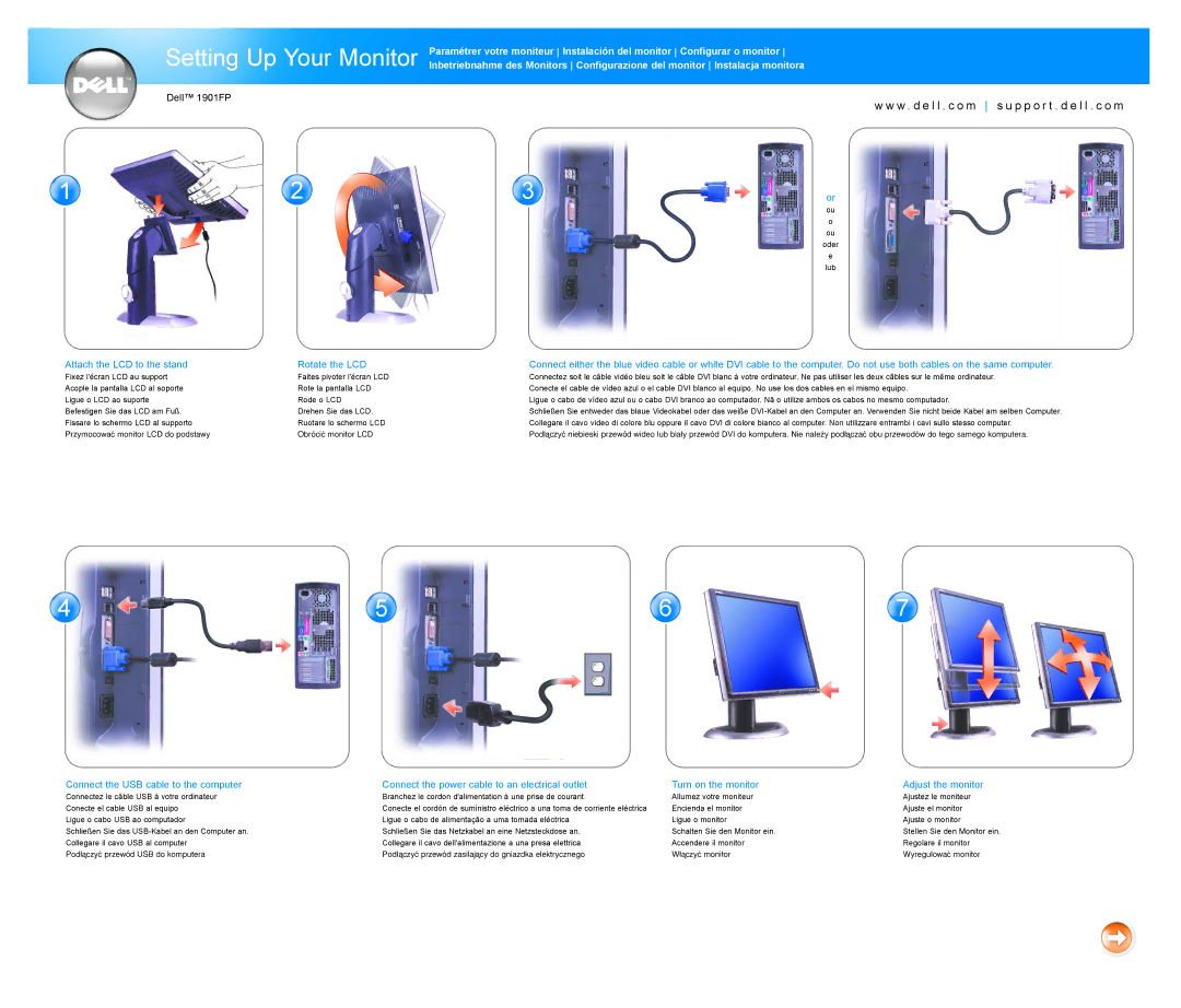 Dell 1901FP manual Attach the LCD to the stand Rotate the LCD, Turn on the monitor, Adjust the monitor, Oder Lub 