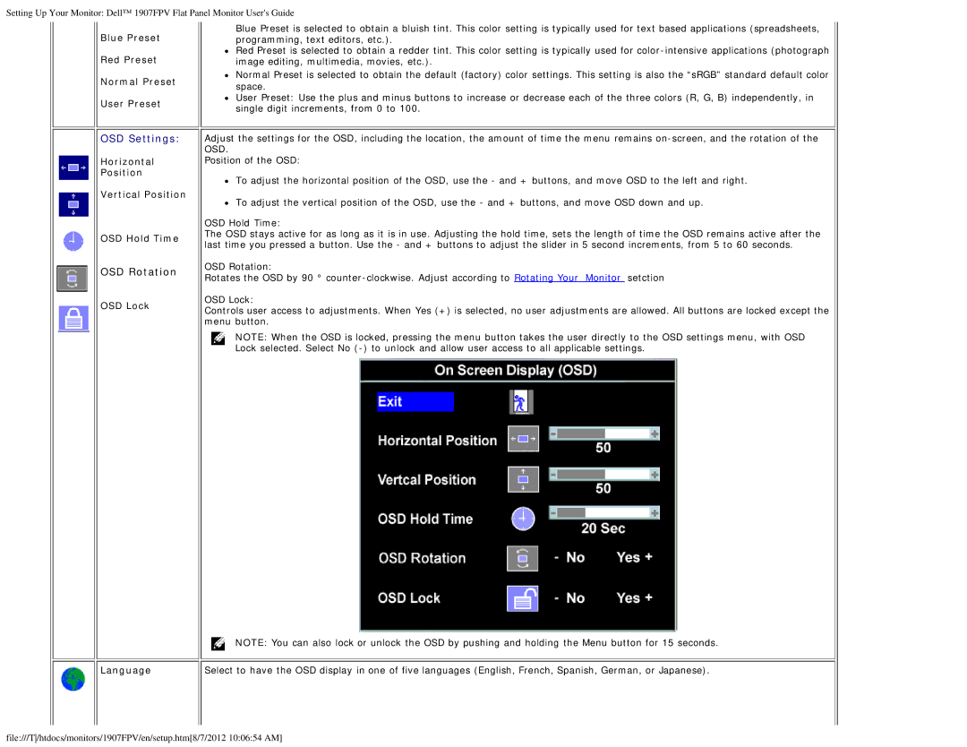 Dell 1907FPV appendix Blue Preset Red Preset Normal Preset User Preset, Horizontal Position Vertical Position OSD Hold Time 