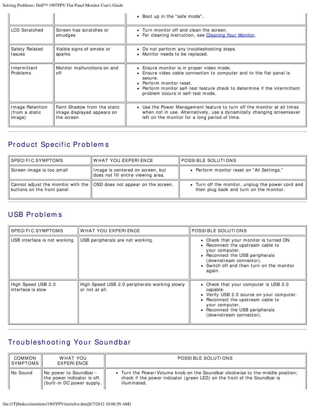 Dell 1907FPV appendix Product Specific Problems, USB Problems, Troubleshooting Your Soundbar 