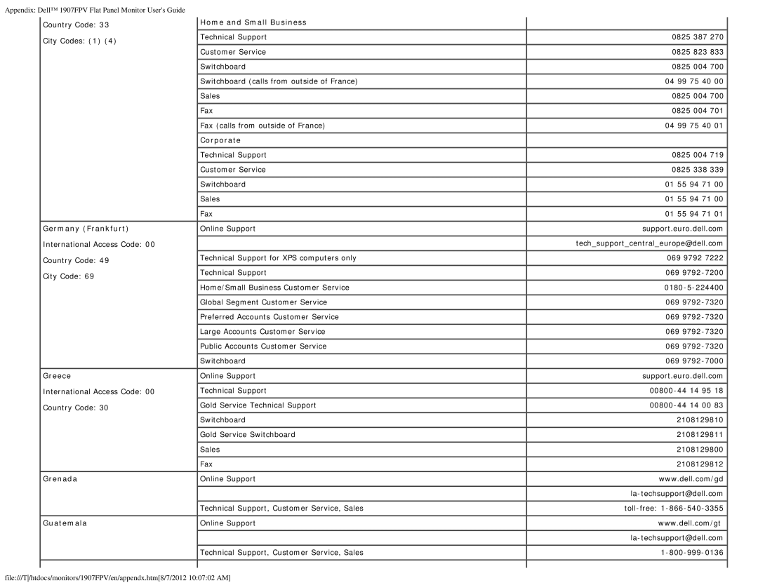 Dell 1907FPV appendix Germany Frankfurt, Greece, Grenada Guatemala Home and Small Business, Corporate 