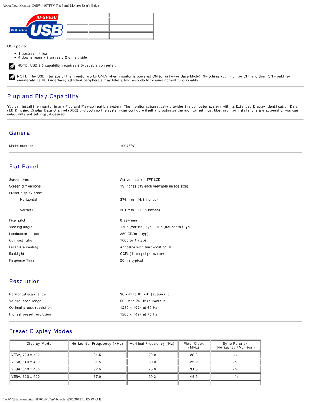 Dell 1907FPV appendix Plug and Play Capability, General, Flat Panel, Resolution, Preset Display Modes 