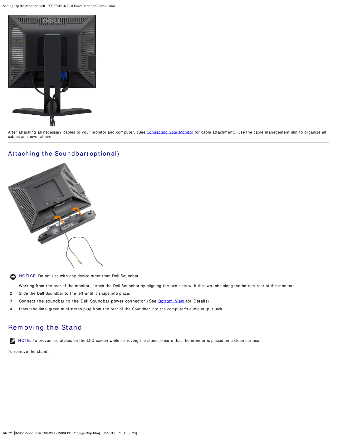 Dell 1908FPBL, 1908FP-BLK appendix Removing the Stand, Attaching the Soundbaroptional 