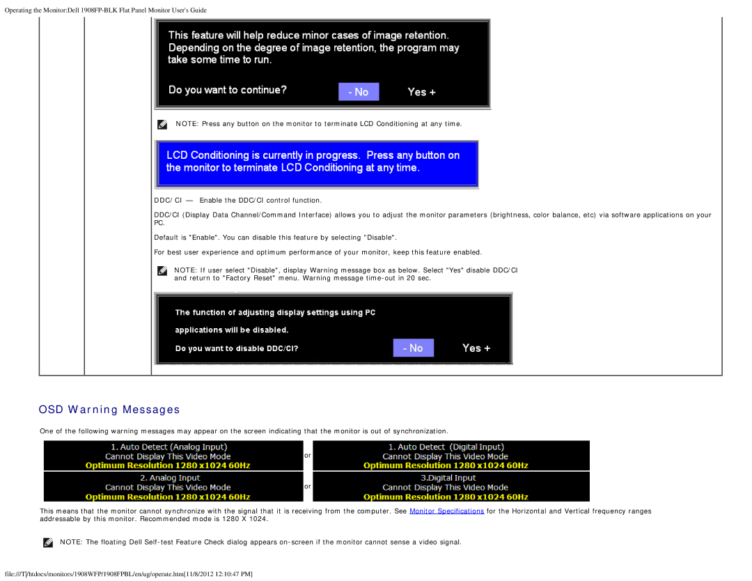 Dell 1908FPBL, 1908FP-BLK appendix OSD Warning Messages 