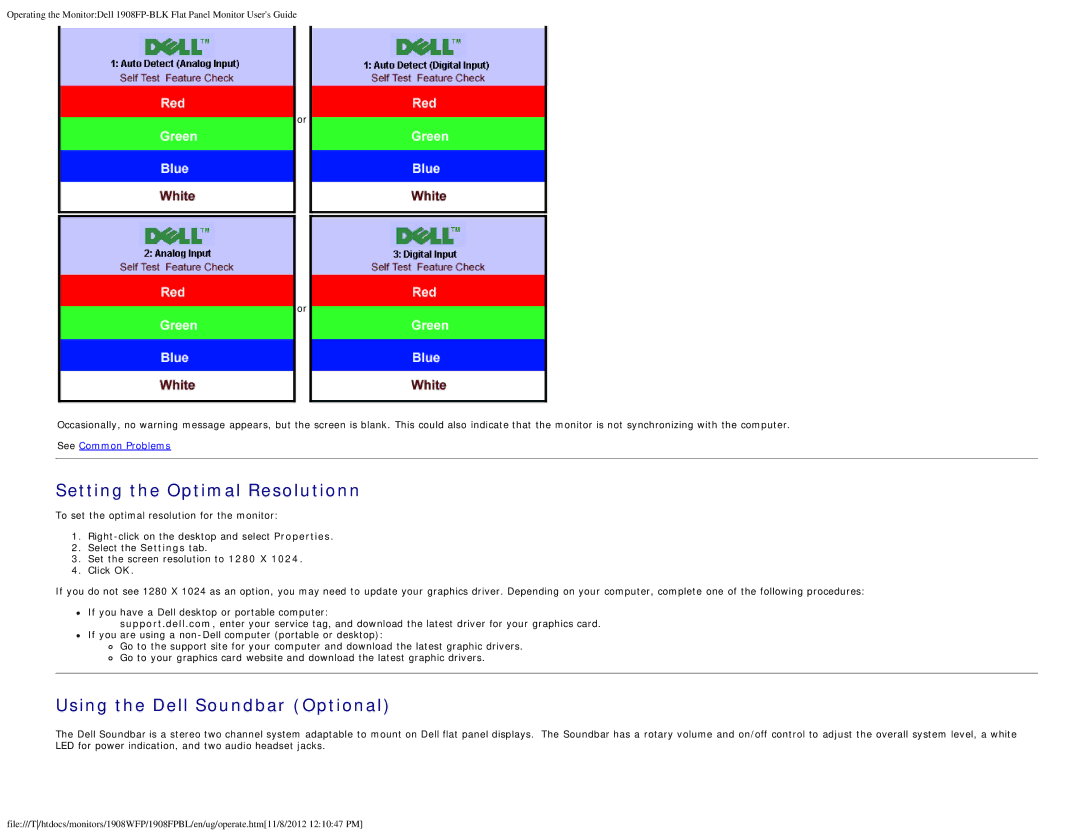 Dell 1908FP-BLK, 1908FPBL appendix Setting the Optimal Resolutionn, Using the Dell Soundbar Optional 