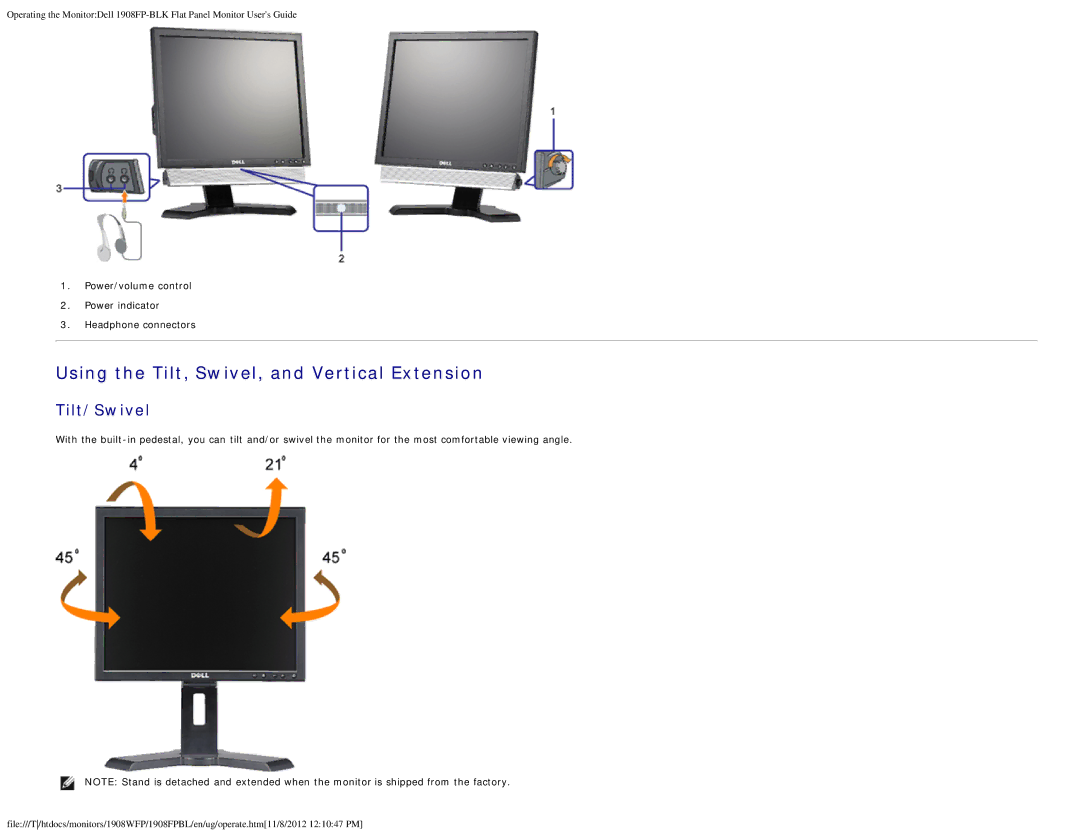 Dell 1908FPBL, 1908FP-BLK appendix Using the Tilt, Swivel, and Vertical Extension, Tilt/Swivel 