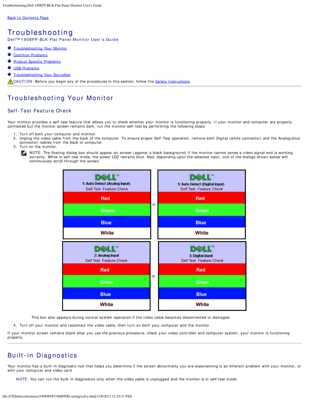 Dell 1908FP-BLK, 1908FPBL appendix Troubleshooting Your Monitor, Built-in Diagnostics 