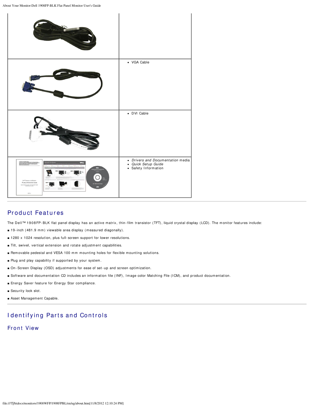 Dell 1908FPBL, 1908FP-BLK appendix Product Features, Identifying Parts and Controls, Front View 