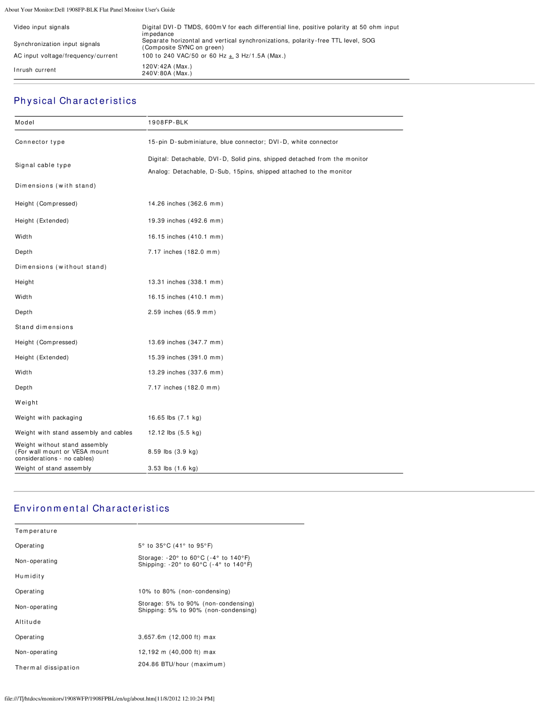 Dell 1908FPBL, 1908FP-BLK appendix Physical Characteristics, Environmental Characteristics 