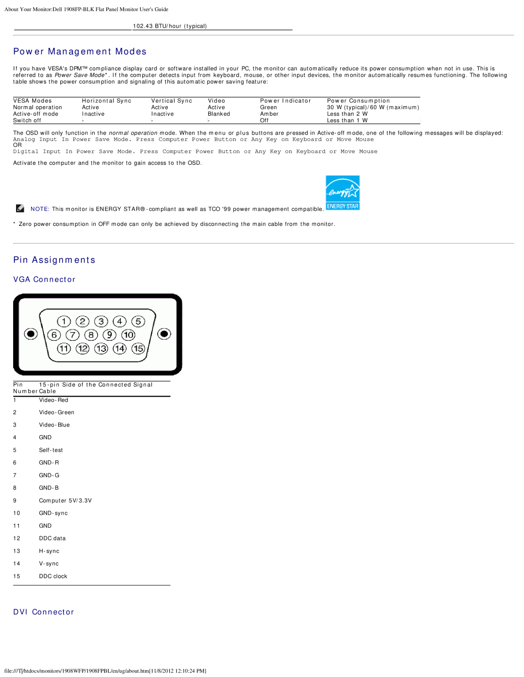 Dell 1908FP-BLK, 1908FPBL Power Management Modes, Pin Assignments, Pin 15-pin Side of the Connected Signal NumberCable 