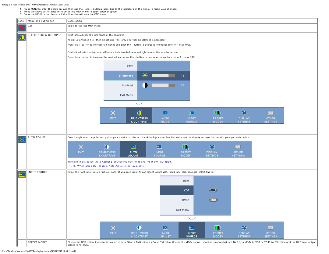 Dell 1908WFP manual Icon Menu and Submenus Description, Select to exit the Main menu 